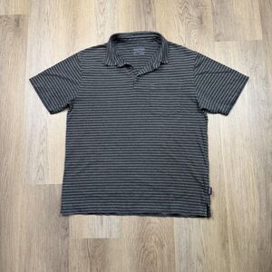 Patagonia Polo Shirt Mens Medium Gray Striped Organic Cotton Pocket Casual